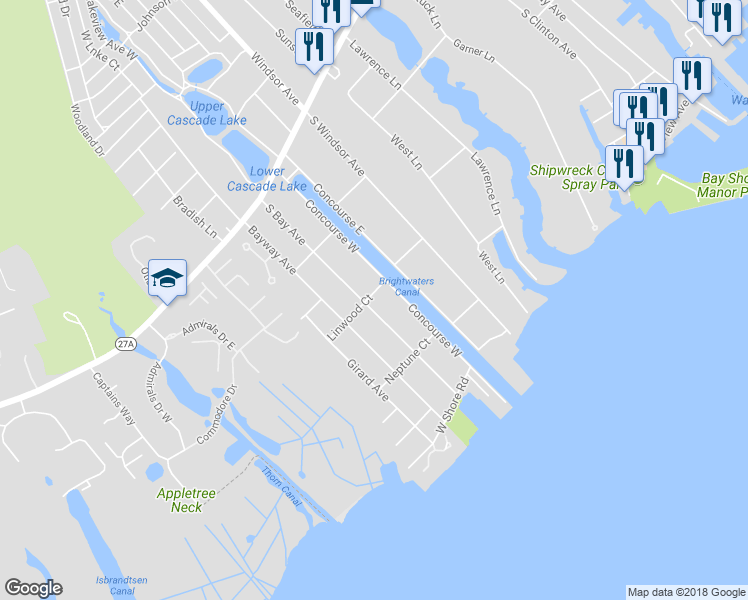 map of restaurants, bars, coffee shops, grocery stores, and more near 82 South Bay Avenue in Brightwaters