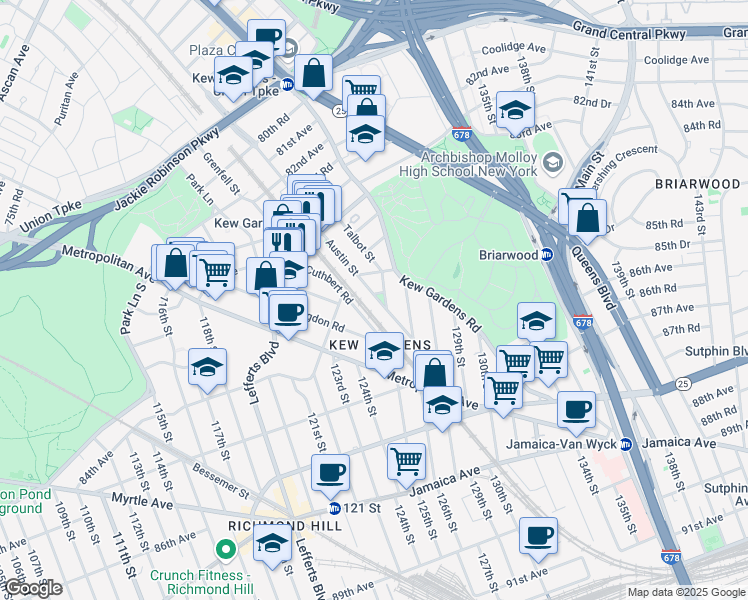 map of restaurants, bars, coffee shops, grocery stores, and more near 84-51 125th Street in Queens