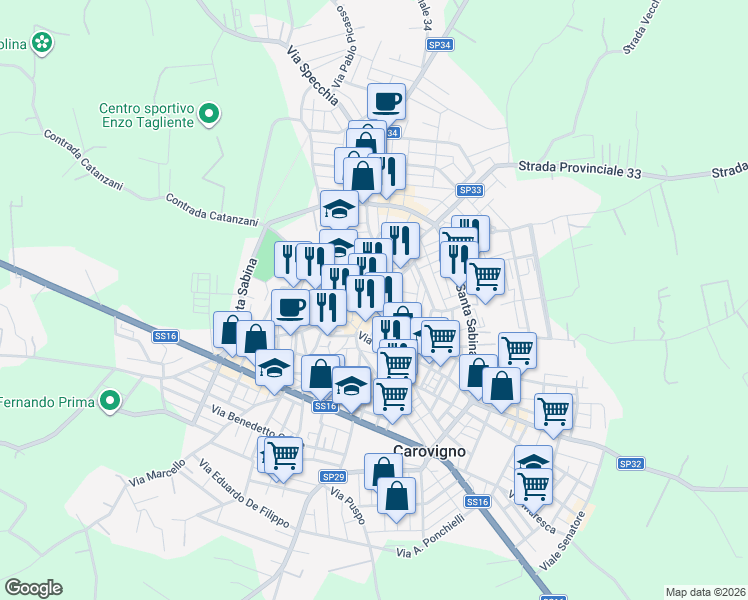 map of restaurants, bars, coffee shops, grocery stores, and more near 28 Corso Vittorio Emanuele in Carovigno