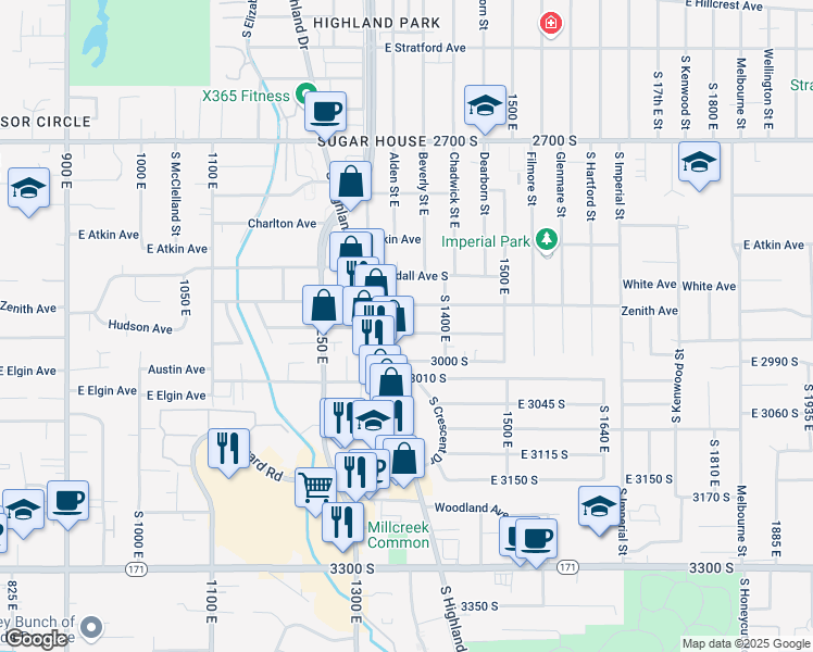 map of restaurants, bars, coffee shops, grocery stores, and more near 1347 Hudson Avenue South in Salt Lake City