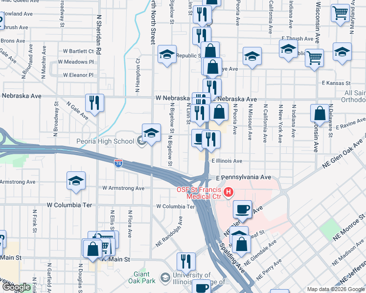 map of restaurants, bars, coffee shops, grocery stores, and more near 1604 North Bigelow Street in Peoria