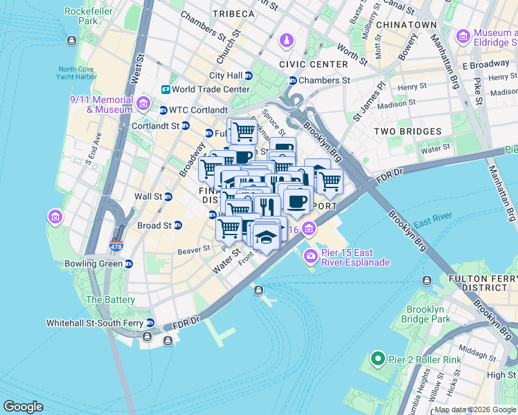 map of restaurants, bars, coffee shops, grocery stores, and more near 135 John Street in New York
