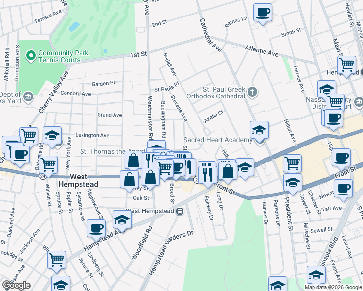 map of restaurants, bars, coffee shops, grocery stores, and more near 67 Stratford Road in West Hempstead