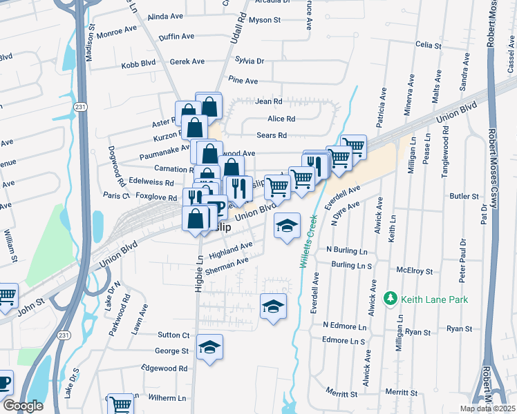 map of restaurants, bars, coffee shops, grocery stores, and more near 351 Union Boulevard in West Islip