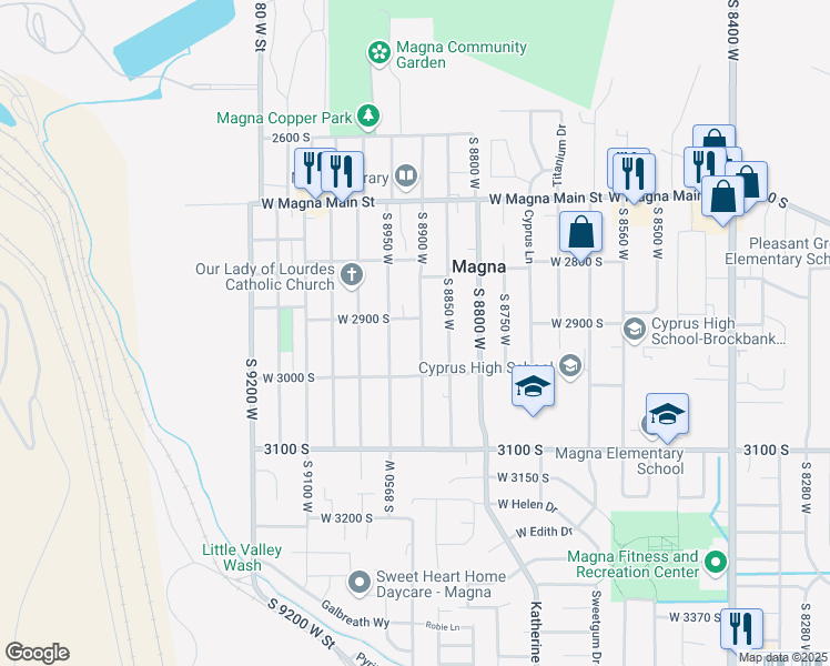 map of restaurants, bars, coffee shops, grocery stores, and more near 2924 South 8900 West in Magna