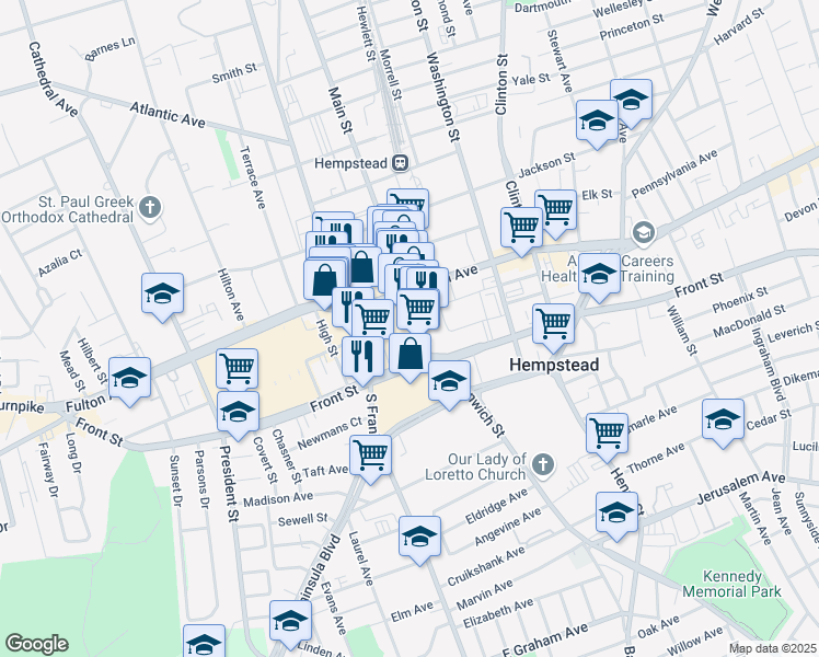 map of restaurants, bars, coffee shops, grocery stores, and more near 35A Main Street in Hempstead