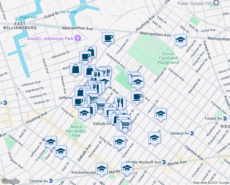 map of restaurants, bars, coffee shops, grocery stores, and more near 474 Suydam Street in Brooklyn
