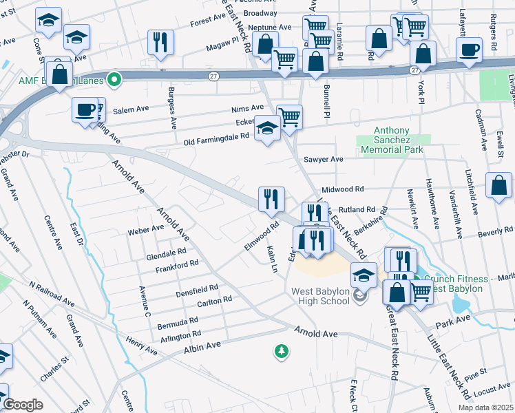 map of restaurants, bars, coffee shops, grocery stores, and more near 156 Farmingdale Road in West Babylon