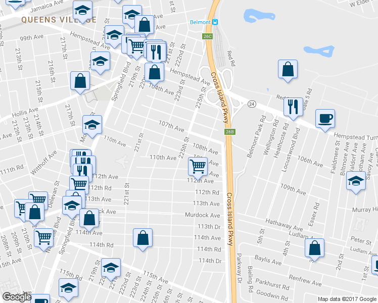 map of restaurants, bars, coffee shops, grocery stores, and more near 225-11 109th Avenue in Queens