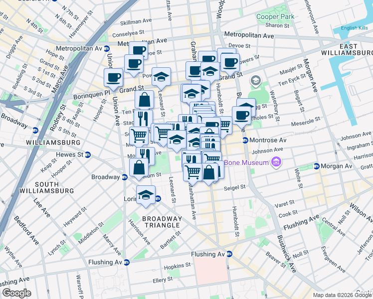 map of restaurants, bars, coffee shops, grocery stores, and more near Manhattan Avenue & Montrose Avenue in Brooklyn