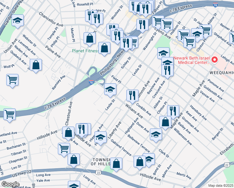 map of restaurants, bars, coffee shops, grocery stores, and more near 1564 Leslie Street in Hillside
