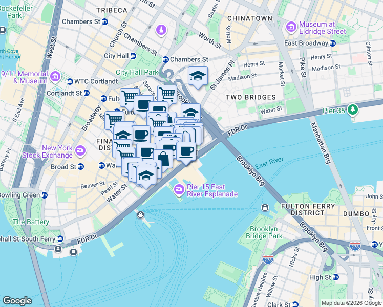 map of restaurants, bars, coffee shops, grocery stores, and more near 111 South Street in New York