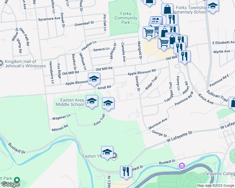 map of restaurants, bars, coffee shops, grocery stores, and more near 12 Princeton Court in Easton