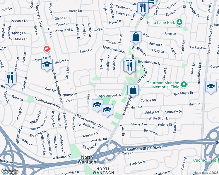map of restaurants, bars, coffee shops, grocery stores, and more near 99 Stirrup Lane in Levittown