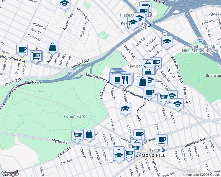 map of restaurants, bars, coffee shops, grocery stores, and more near 82-78 116th Street in Queens