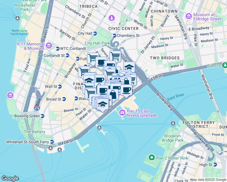 map of restaurants, bars, coffee shops, grocery stores, and more near 199 Water Street in New York