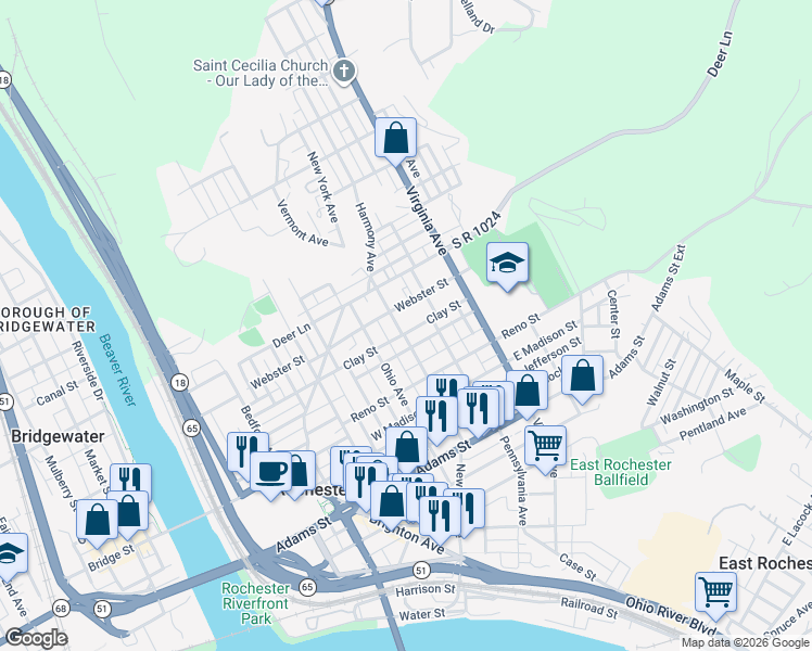 map of restaurants, bars, coffee shops, grocery stores, and more near 451 New York Avenue in Rochester