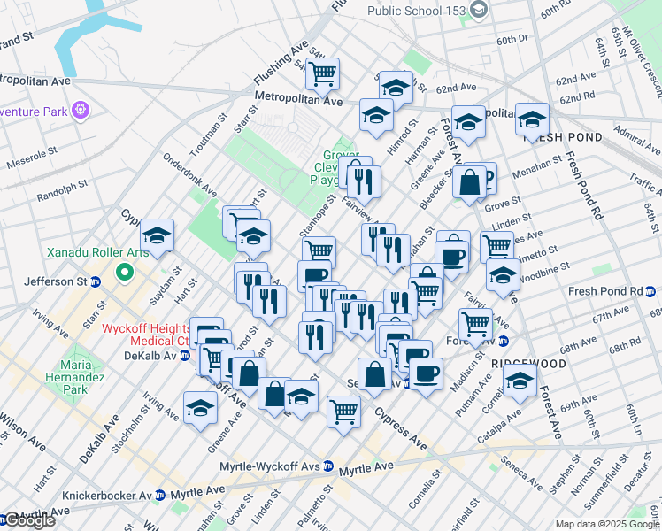 map of restaurants, bars, coffee shops, grocery stores, and more near 1866 Harman Street in Queens