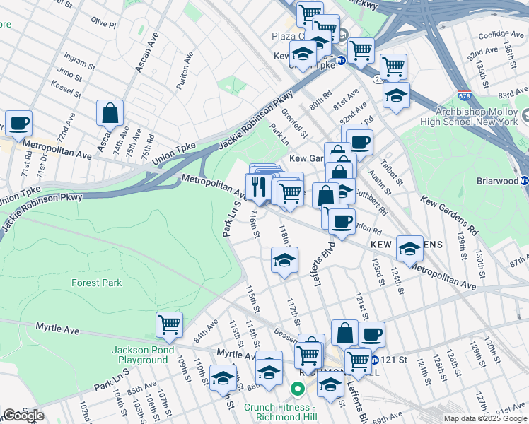 map of restaurants, bars, coffee shops, grocery stores, and more near 116-16 Metropolitan Avenue in Queens