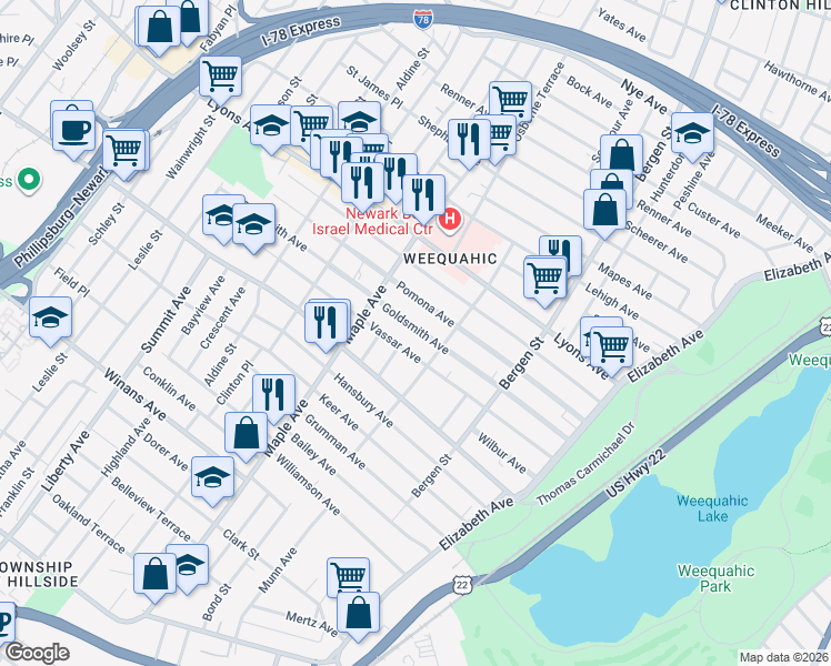 map of restaurants, bars, coffee shops, grocery stores, and more near 154 Goldsmith Avenue in Newark