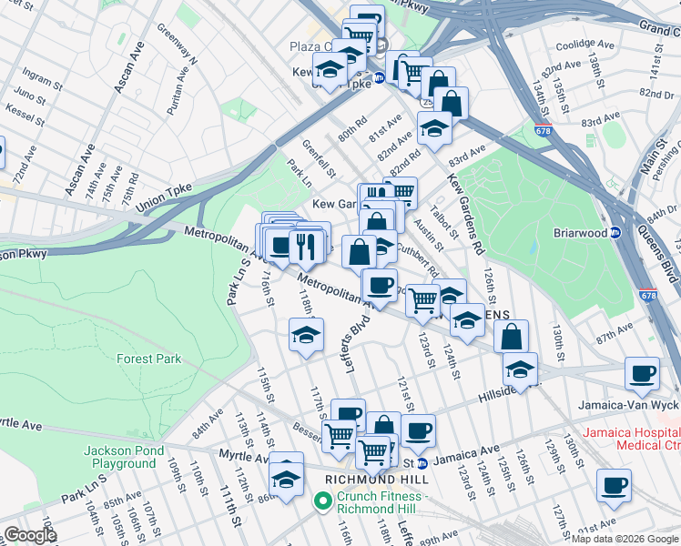 map of restaurants, bars, coffee shops, grocery stores, and more near 83-28 Abingdon Road in Queens