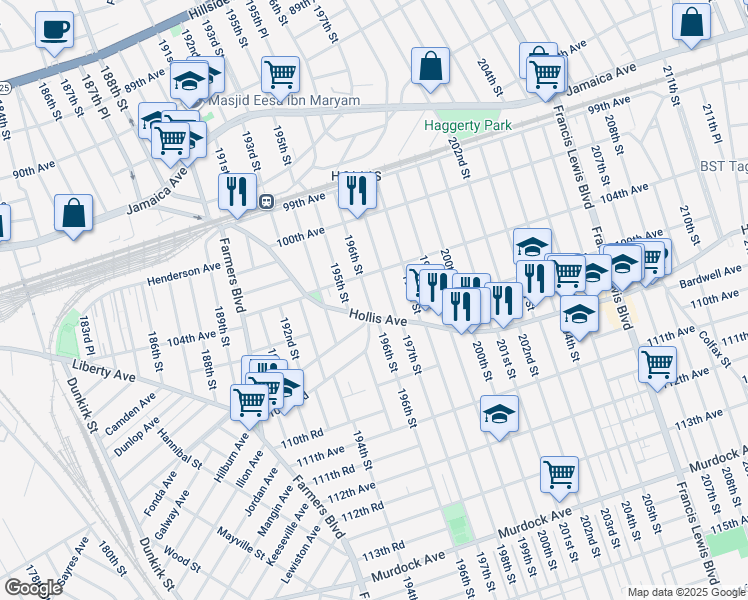 map of restaurants, bars, coffee shops, grocery stores, and more near 104-36 197th Street in Queens