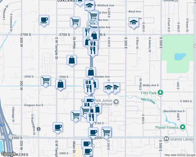 map of restaurants, bars, coffee shops, grocery stores, and more near 150 Garden Avenue in South Salt Lake