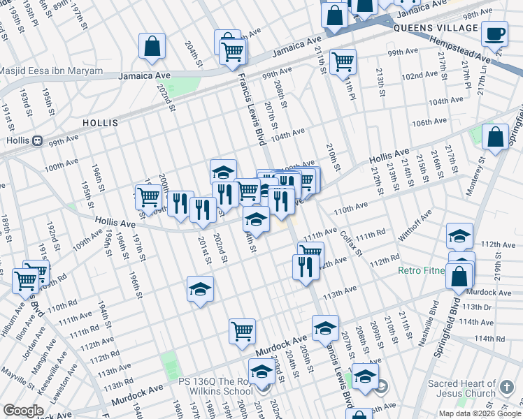 map of restaurants, bars, coffee shops, grocery stores, and more near 205-26 Hollis Avenue in Queens