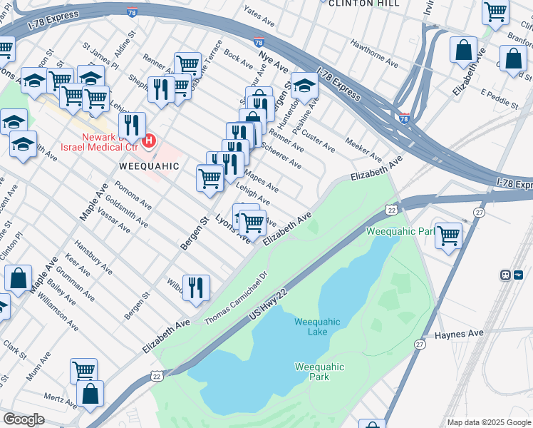 map of restaurants, bars, coffee shops, grocery stores, and more near 15-17 Stengel Avenue in Newark