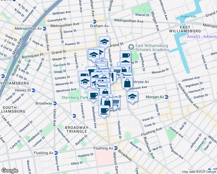 map of restaurants, bars, coffee shops, grocery stores, and more near 181 Montrose Avenue in Brooklyn