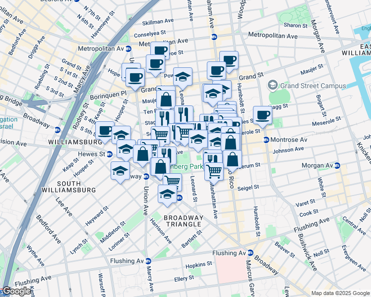 map of restaurants, bars, coffee shops, grocery stores, and more near 71 Montrose Avenue in Brooklyn