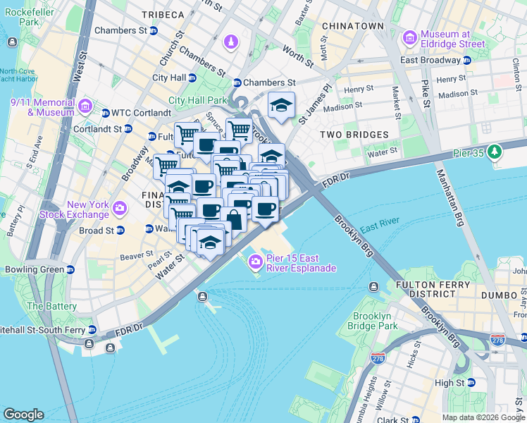 map of restaurants, bars, coffee shops, grocery stores, and more near 211 Front Street in New York