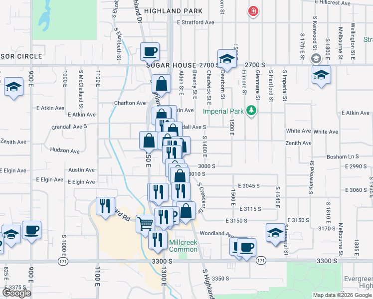 map of restaurants, bars, coffee shops, grocery stores, and more near 1347 Hudson Avenue South in Salt Lake City