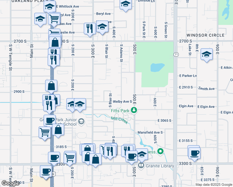 map of restaurants, bars, coffee shops, grocery stores, and more near 2942 Adams Street East in South Salt Lake