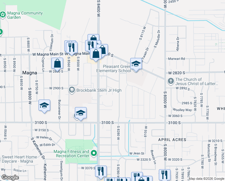map of restaurants, bars, coffee shops, grocery stores, and more near 2929 Patricia Drive in Magna