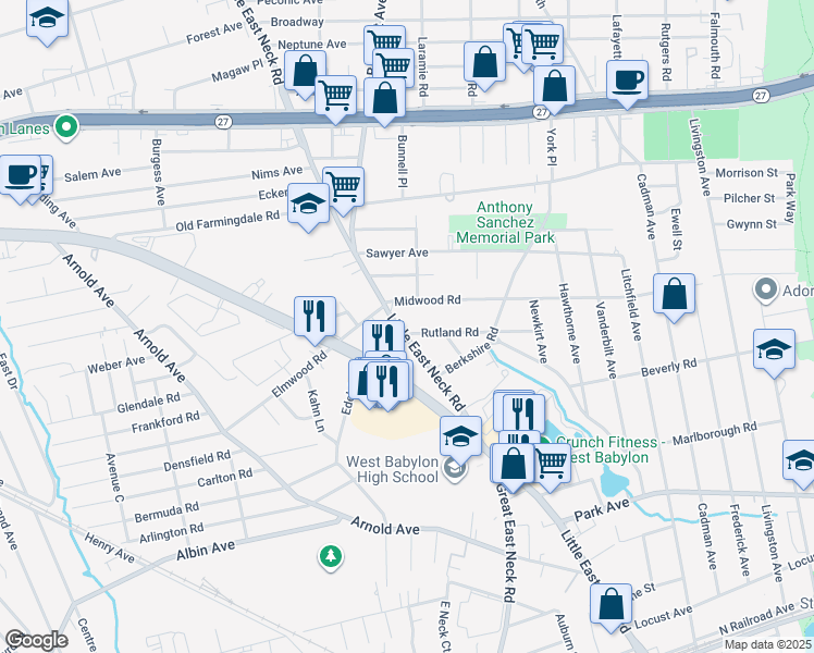 map of restaurants, bars, coffee shops, grocery stores, and more near 600 Little East Neck Road in West Babylon