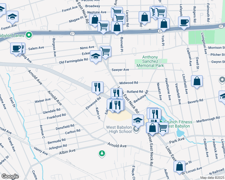 map of restaurants, bars, coffee shops, grocery stores, and more near 23 Platt Avenue in West Babylon