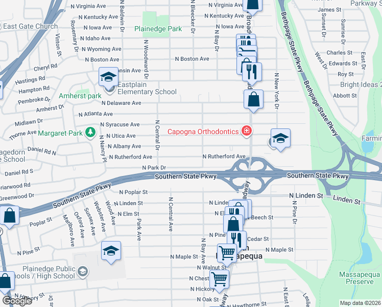map of restaurants, bars, coffee shops, grocery stores, and more near 250 North Rutherford Avenue in Massapequa