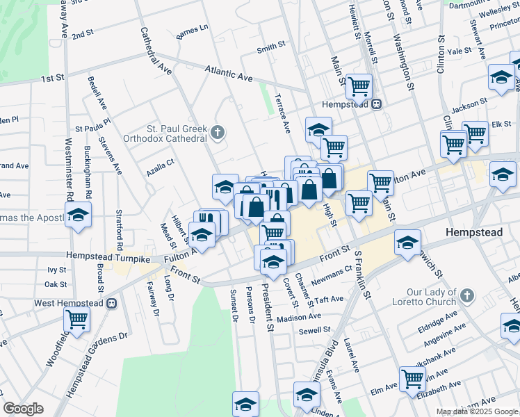 map of restaurants, bars, coffee shops, grocery stores, and more near 131 Fulton Avenue in Hempstead