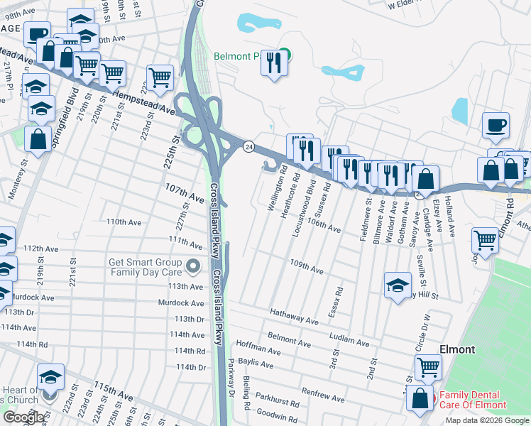 map of restaurants, bars, coffee shops, grocery stores, and more near 85 Wellington Road in Elmont