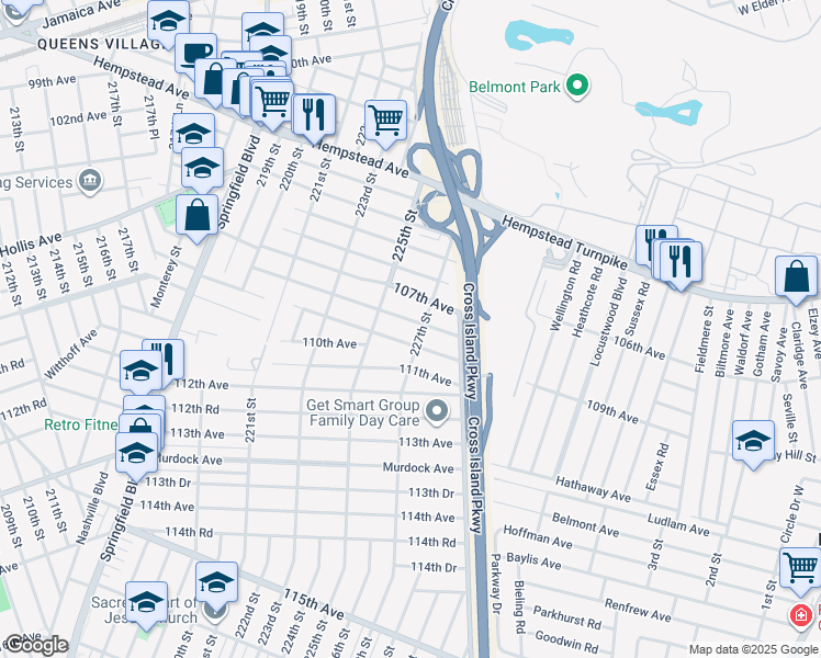 map of restaurants, bars, coffee shops, grocery stores, and more near 108-12 227th Street in Queens