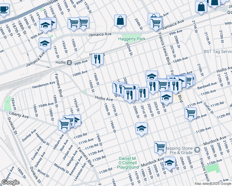 map of restaurants, bars, coffee shops, grocery stores, and more near 104-49 198th Street in Queens