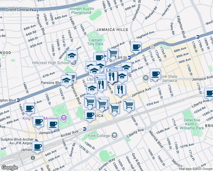 map of restaurants, bars, coffee shops, grocery stores, and more near 89-12 164th Street in Queens