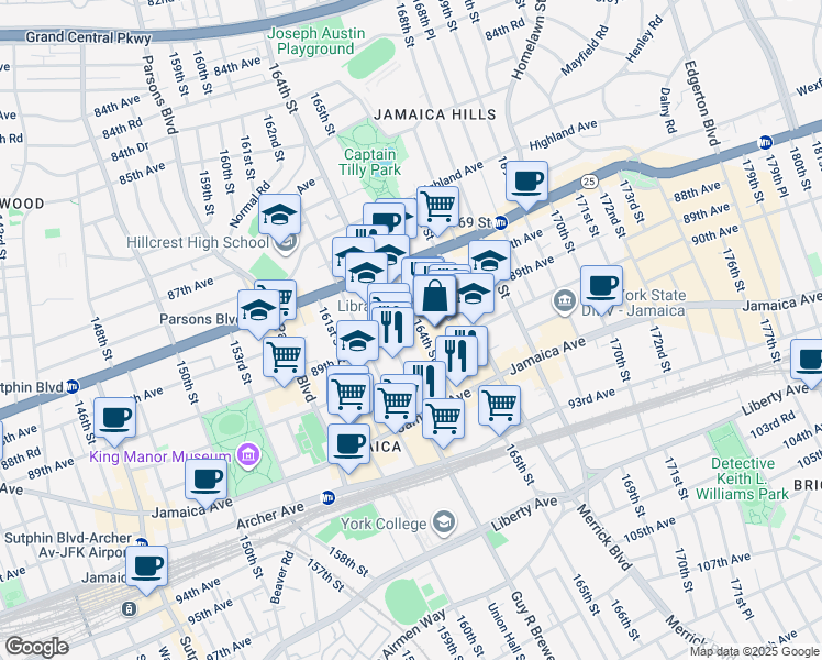 map of restaurants, bars, coffee shops, grocery stores, and more near 89-12 164th Street in Queens
