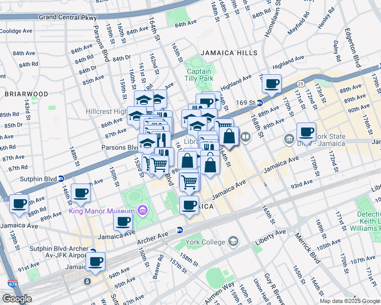 map of restaurants, bars, coffee shops, grocery stores, and more near 88-47 161st Street in Queens