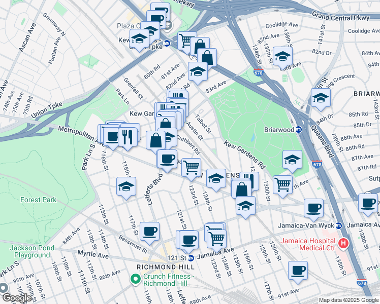 map of restaurants, bars, coffee shops, grocery stores, and more near in Queens