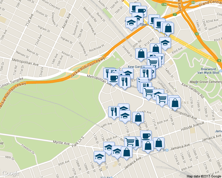 map of restaurants, bars, coffee shops, grocery stores, and more near 116-13 Metropolitan Avenue in Queens