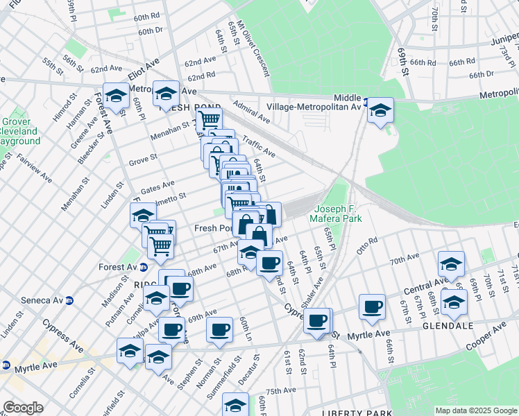 map of restaurants, bars, coffee shops, grocery stores, and more near 61-28 Madison Street in Queens