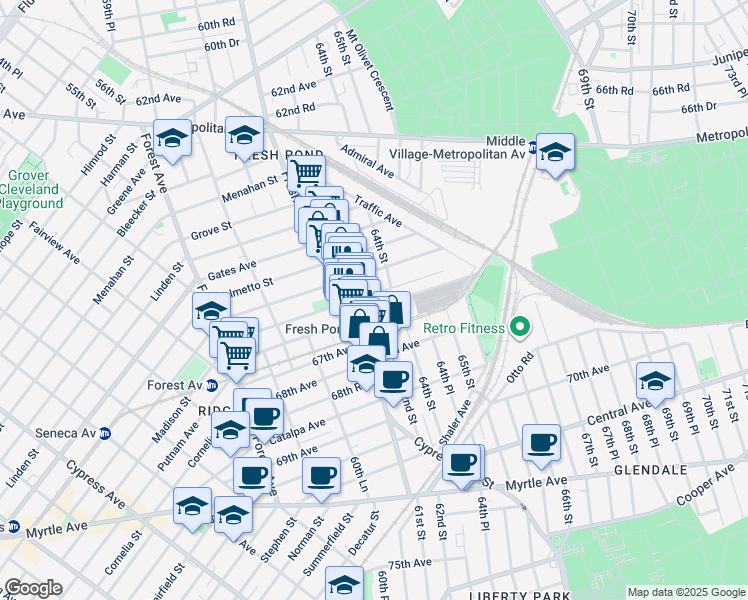 map of restaurants, bars, coffee shops, grocery stores, and more near 61-28 Madison Street in Queens