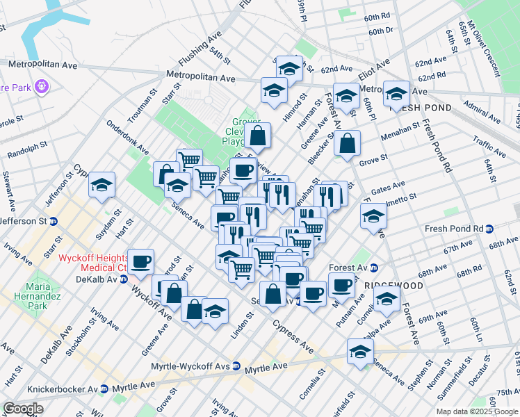 map of restaurants, bars, coffee shops, grocery stores, and more near 5-16 Woodward Avenue in Queens